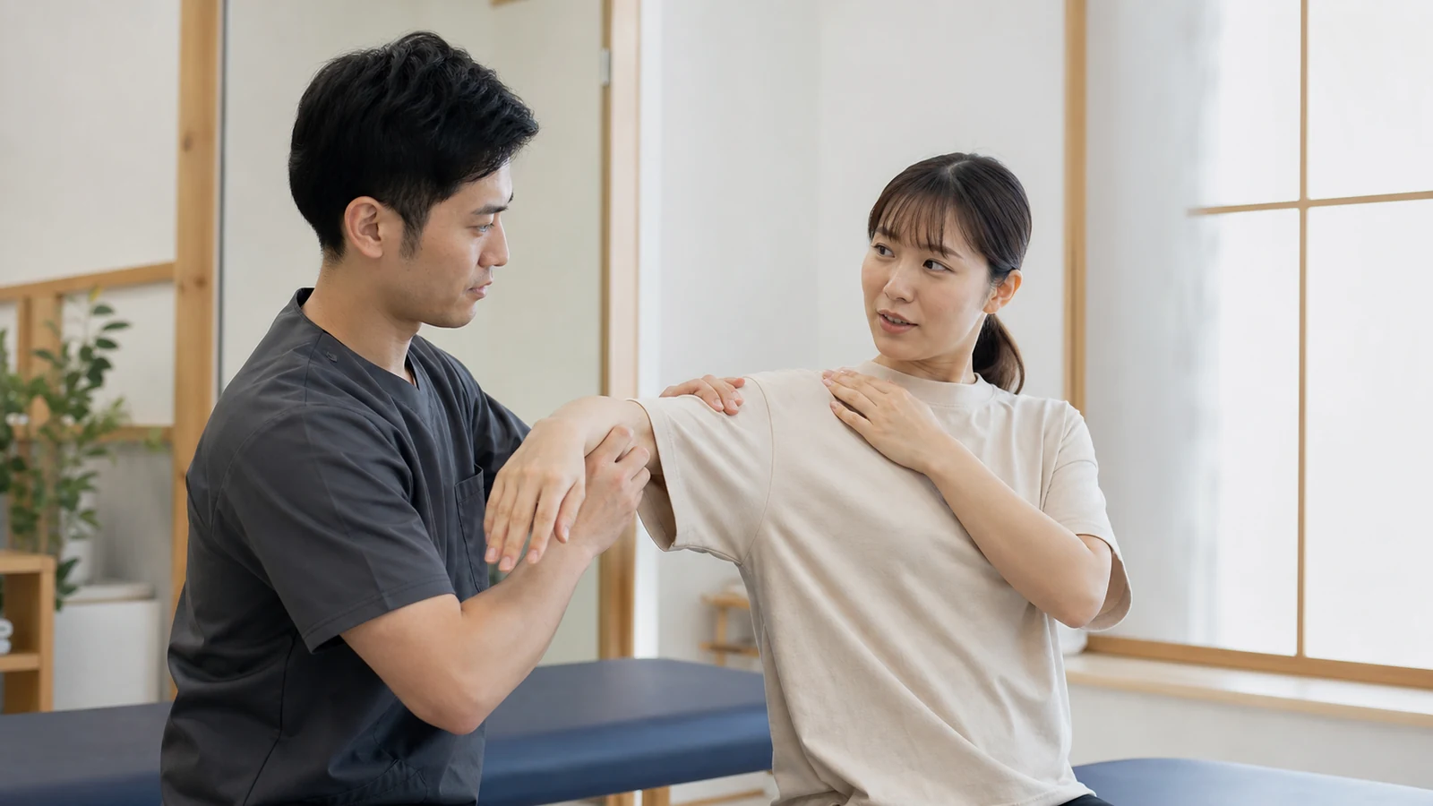 CUREPROで肩の動きと痛む範囲を確認する様子