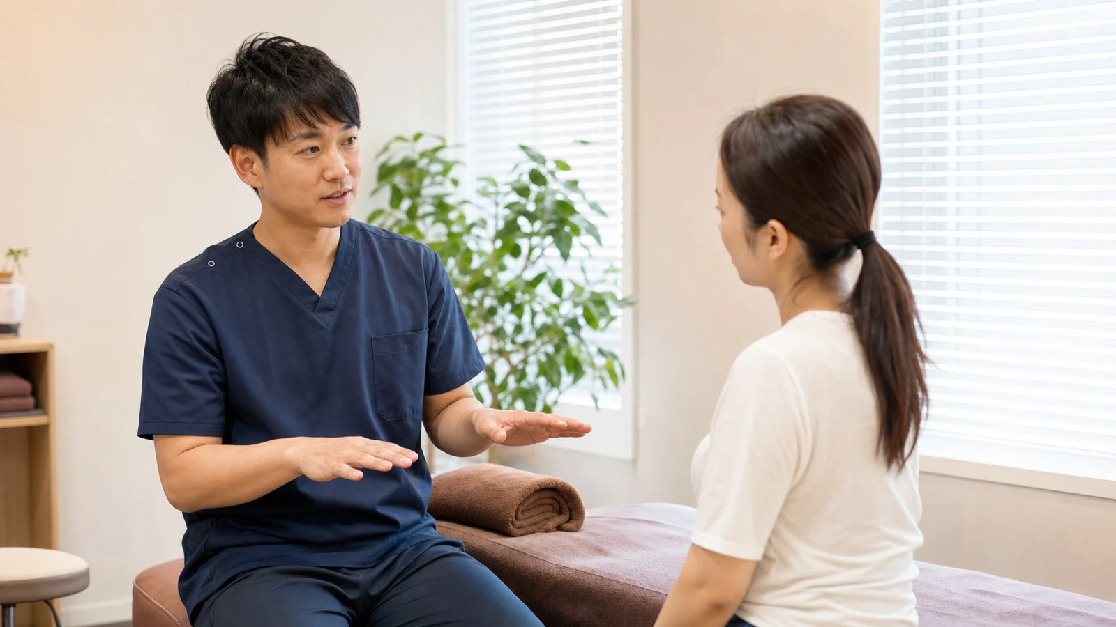 施術前に刺激の強さを確認する専門家と利用者