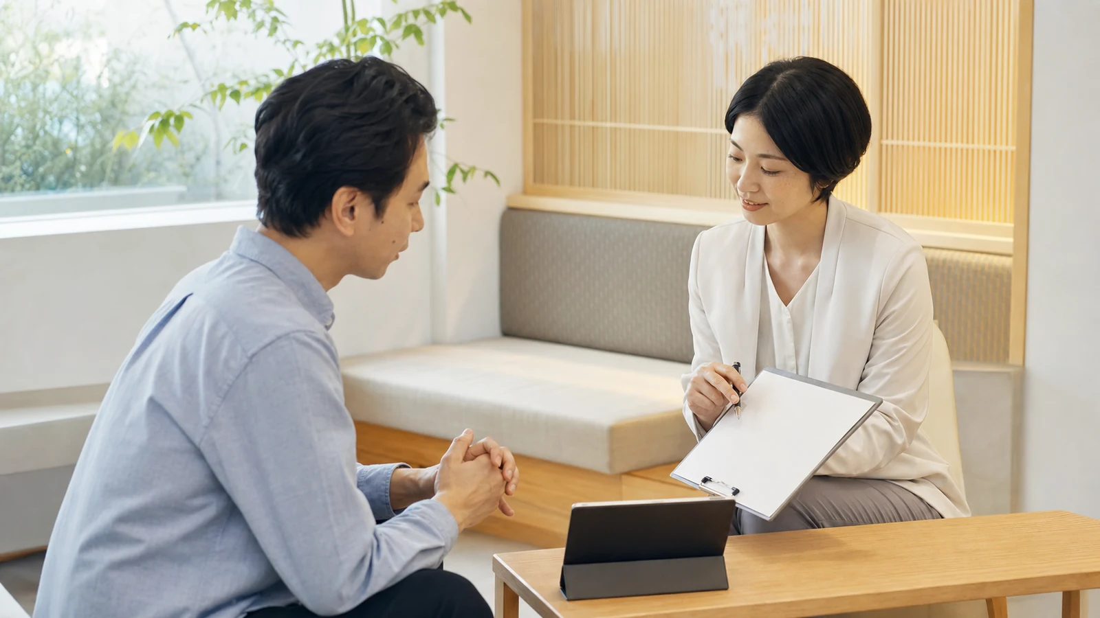 施術者の資格と施術方針を確認する様子