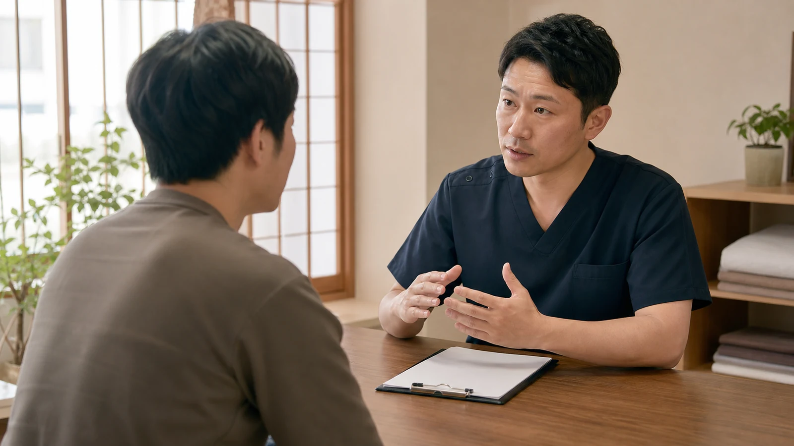 施術後の不調と好転反応について説明する様子
