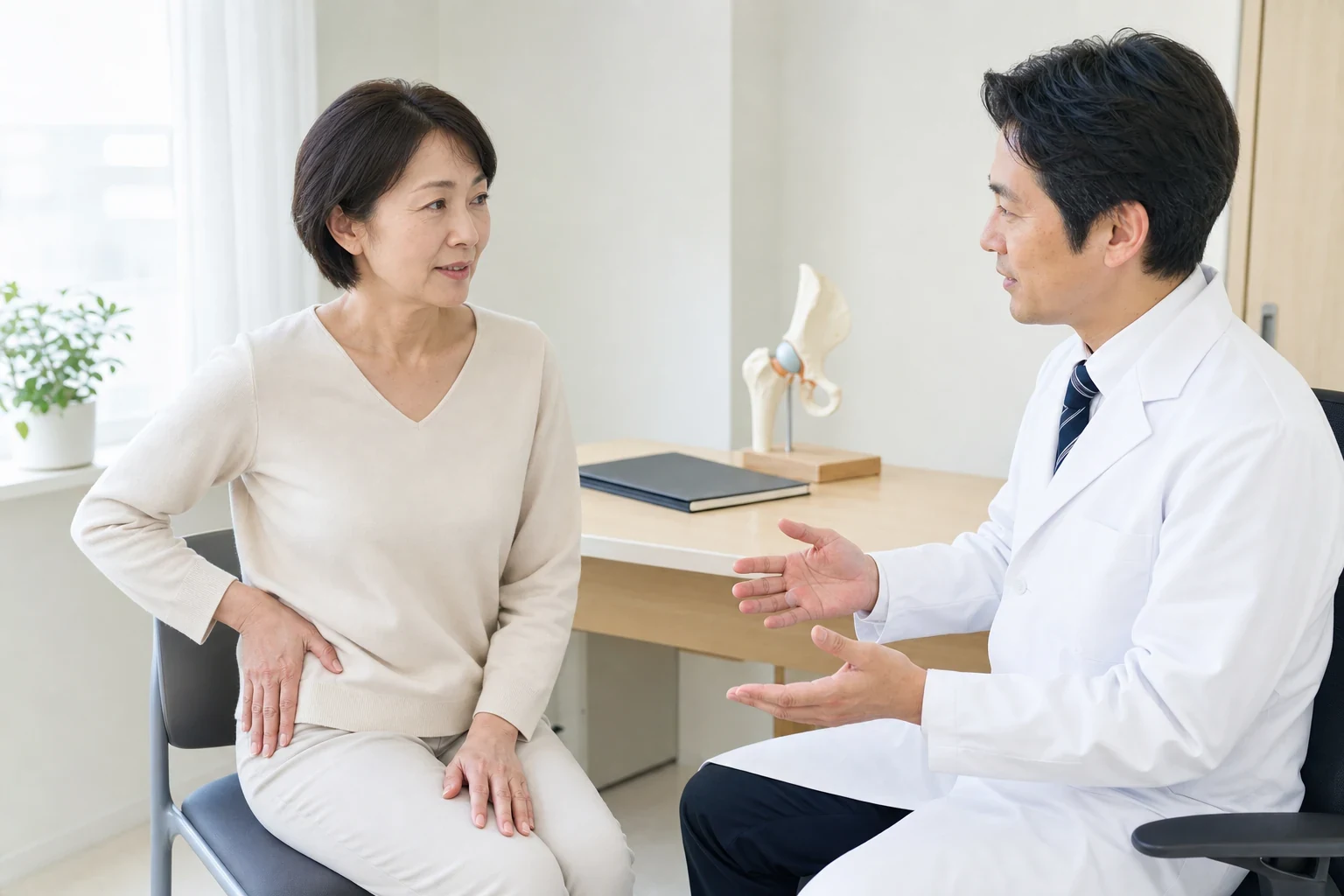 胸の痛みについて医師へ相談する女性