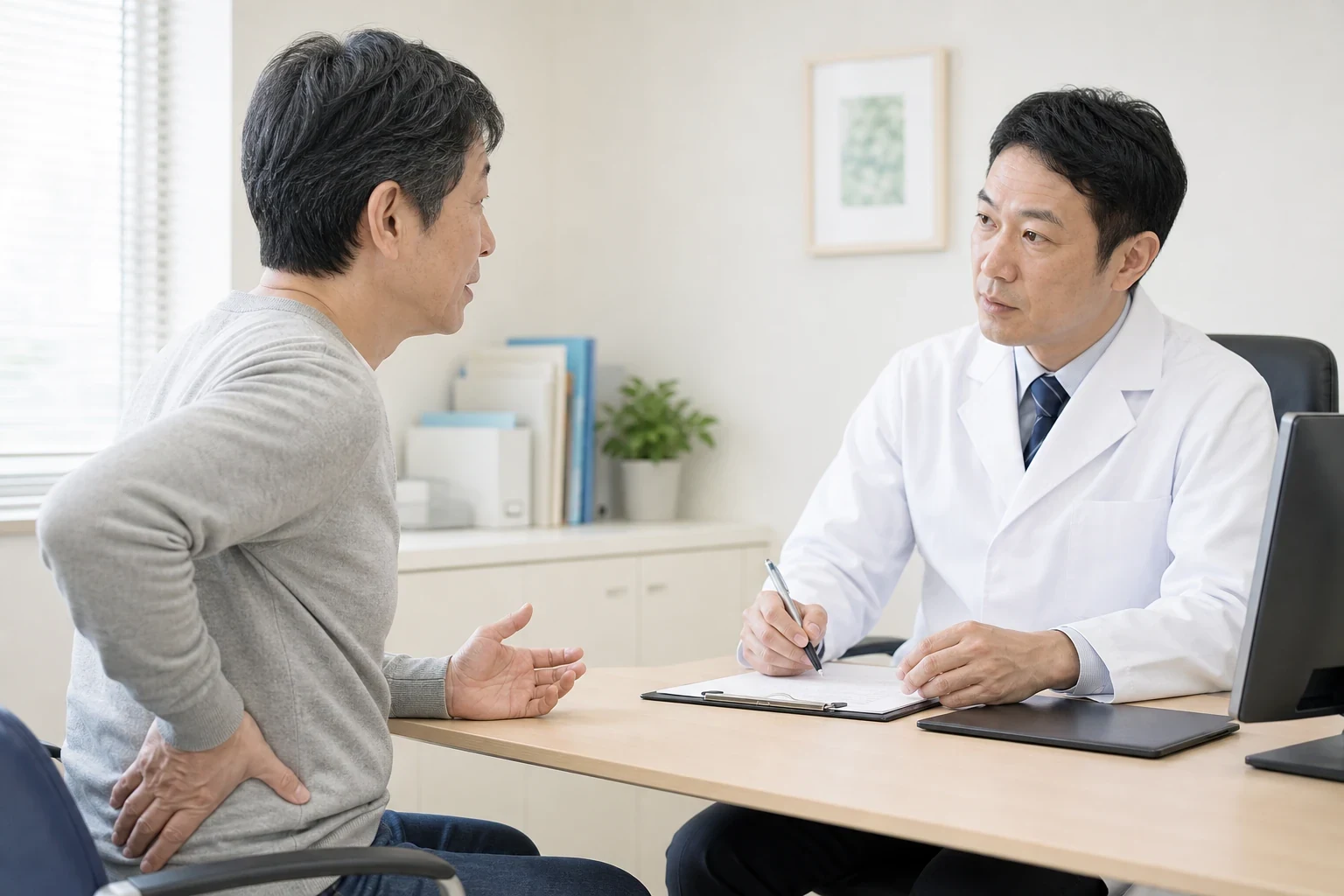 危険な胸の痛みについて医師へ相談する男性
