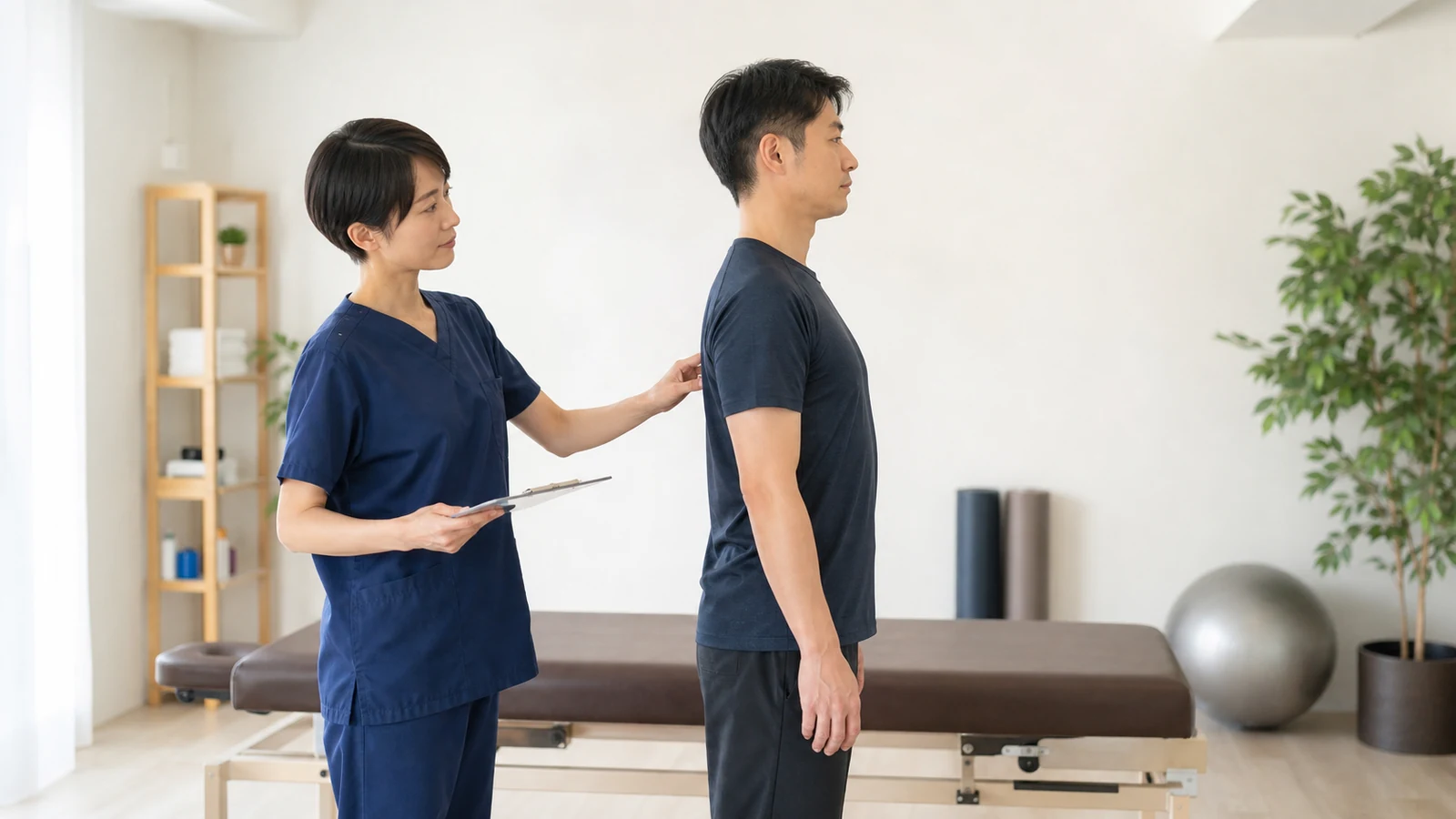 専門家が頭部と肩、骨盤の立位姿勢を確認する様子