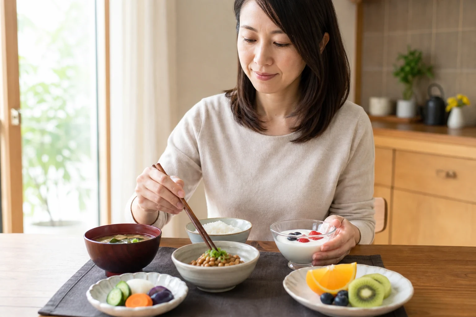 複数の食品を組み合わせた食事を取る女性