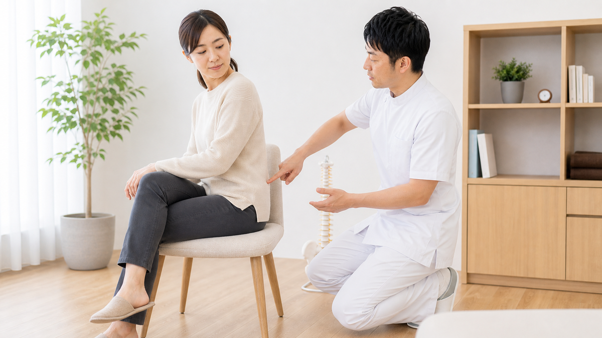 足を組む癖が骨盤や姿勢に与える影響を整体で説明するイメージ