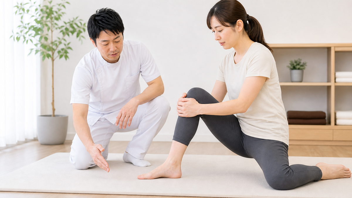 足首ストレッチの要点を整体で確認しながら実践するイメージ