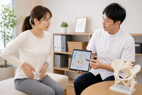 恥骨まわりの痛みを整体師に相談する女性