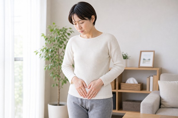恥骨まわりの痛みをセルフチェックする女性