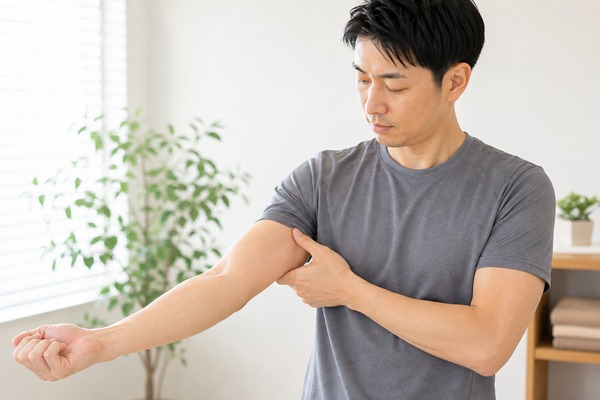 上腕二頭筋の痛みや張りをセルフチェックする様子