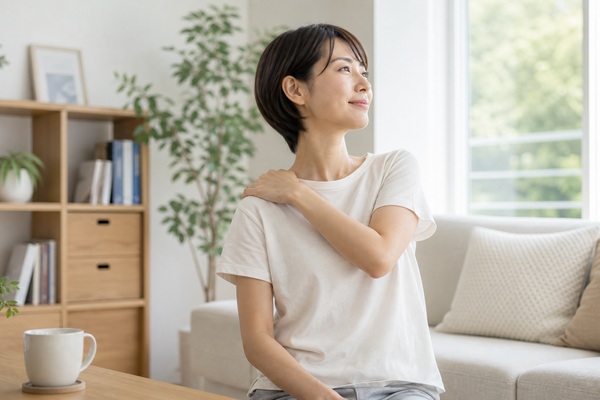 背中や肩まわりのセルフケアを行うイメージ