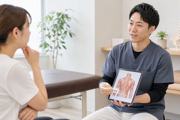 背中の筋肉について質問しながら説明を受けるイメージ