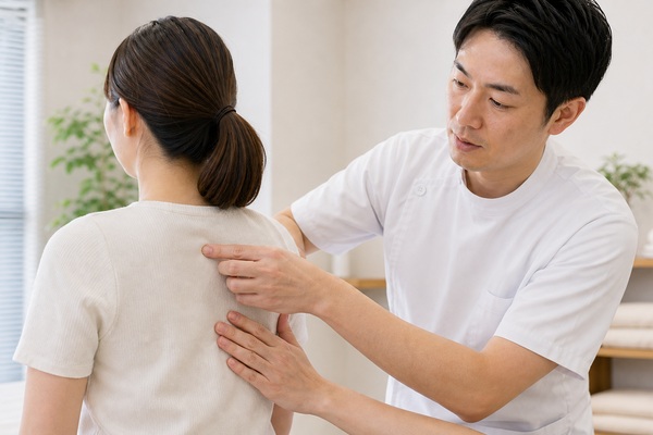 背中や肩甲骨まわりのこりを確認するイメージ