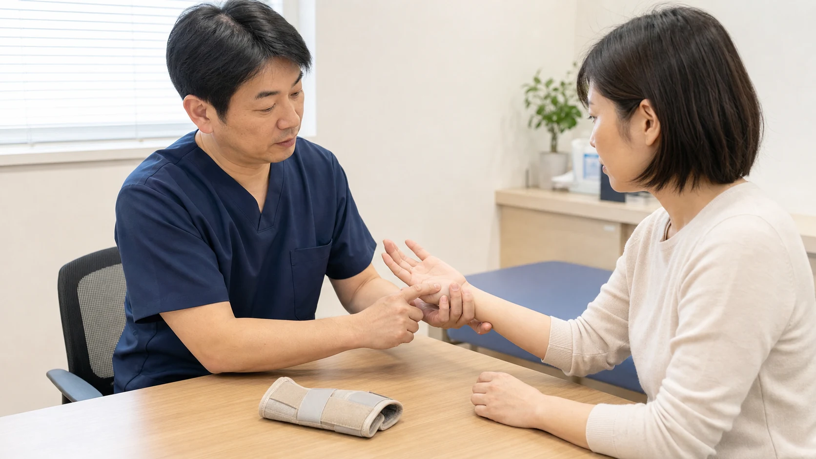 母指CM関節と親指側の手首を確認する様子