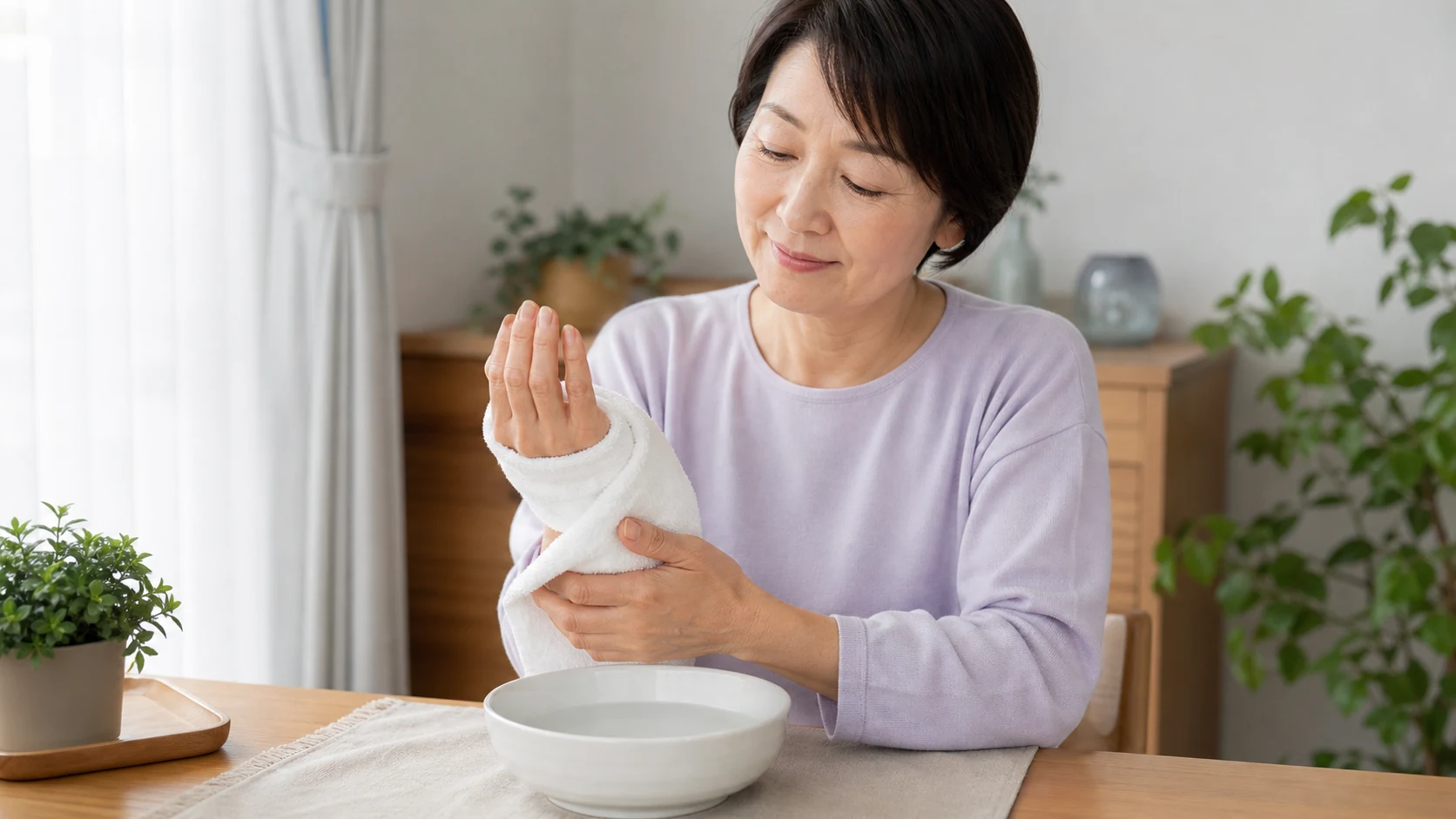 温かいタオルで手と親指を温める人