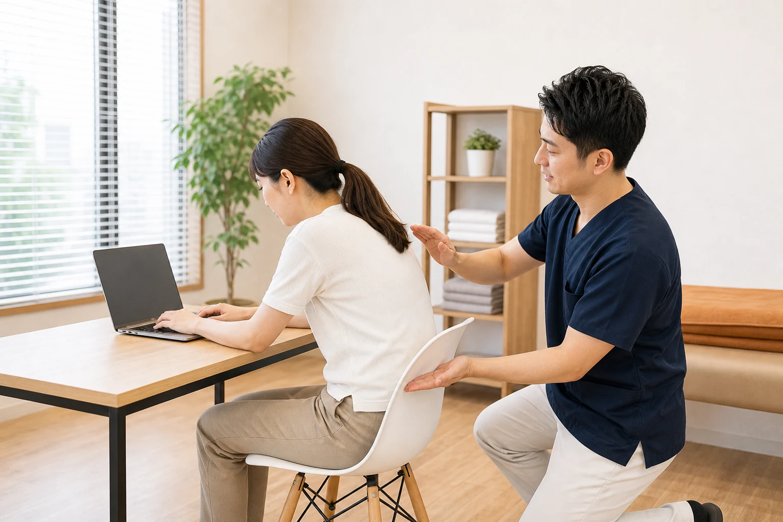 前かがみ姿勢による肋骨の動きにくさを確認する場面