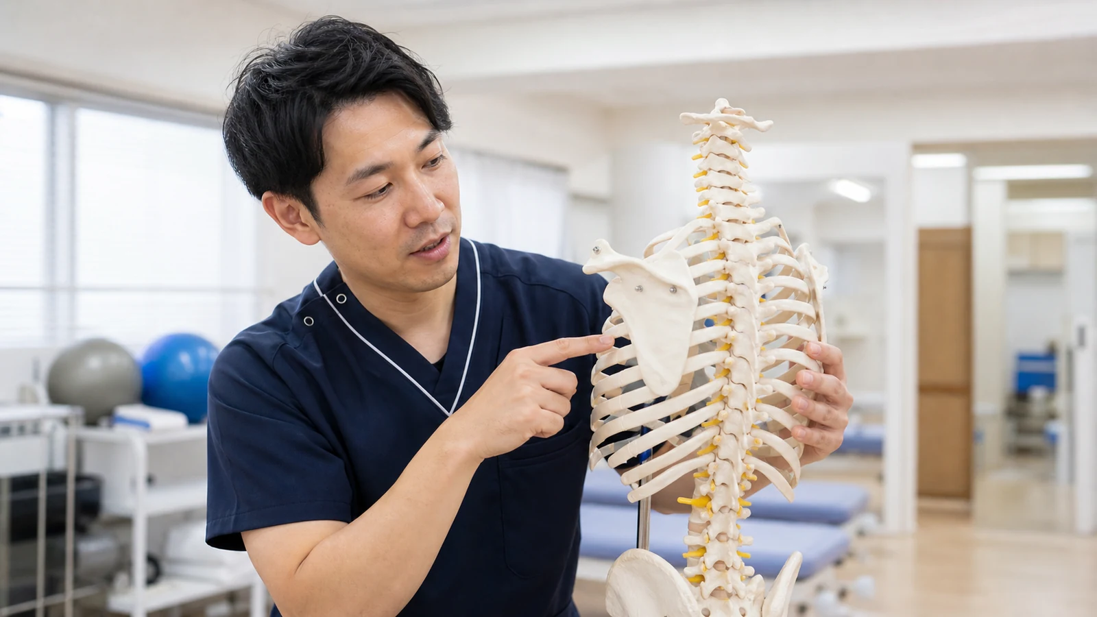 肋骨と胸椎の連結部を骨格模型で説明する施術者