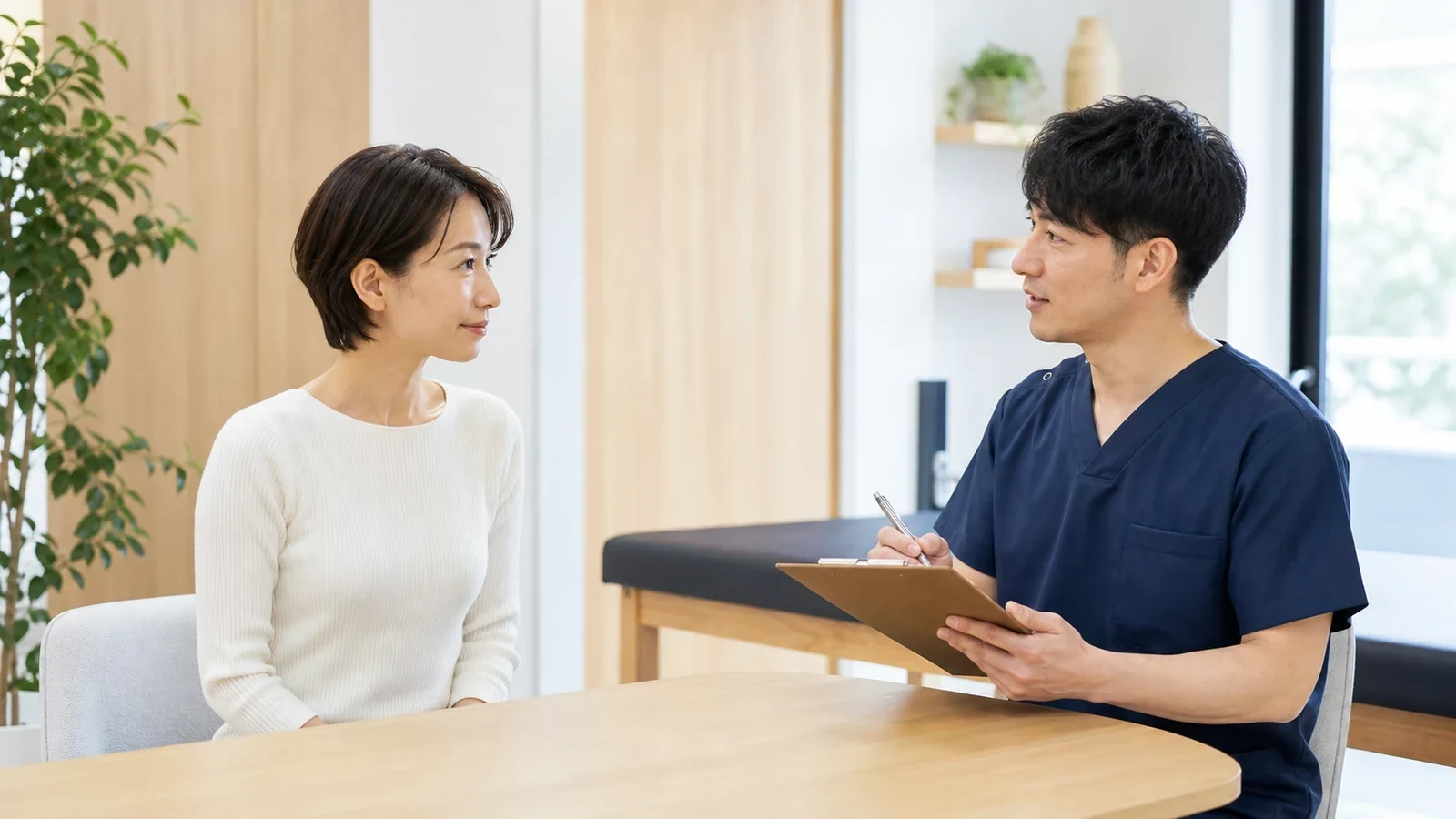 整体の通い方を施術者と相談する女性