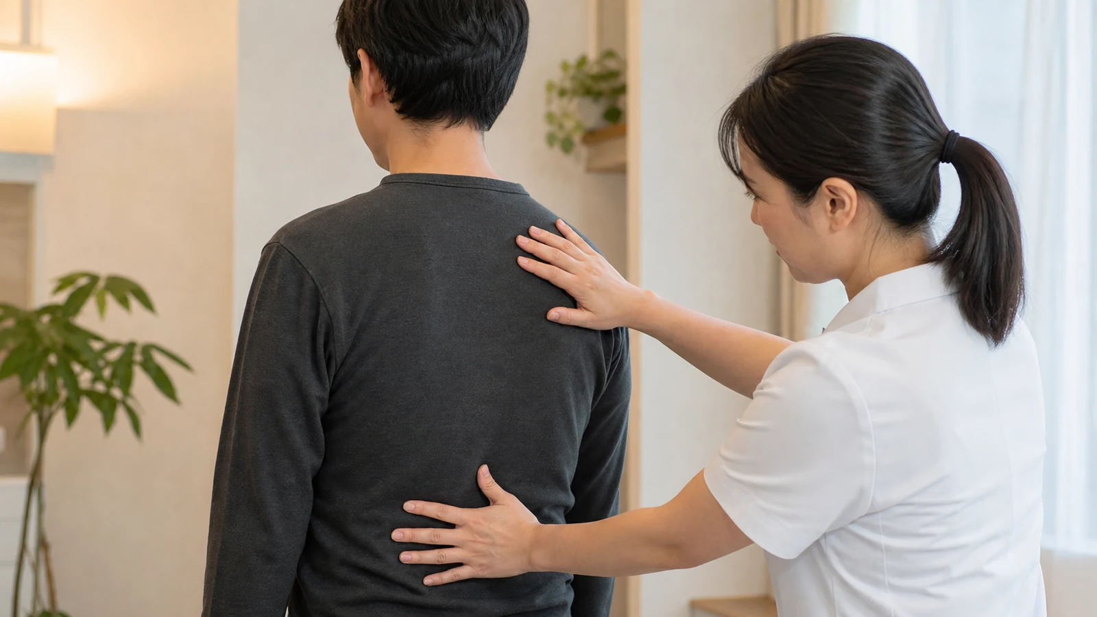 専門家が背中の左側の範囲を確認する様子