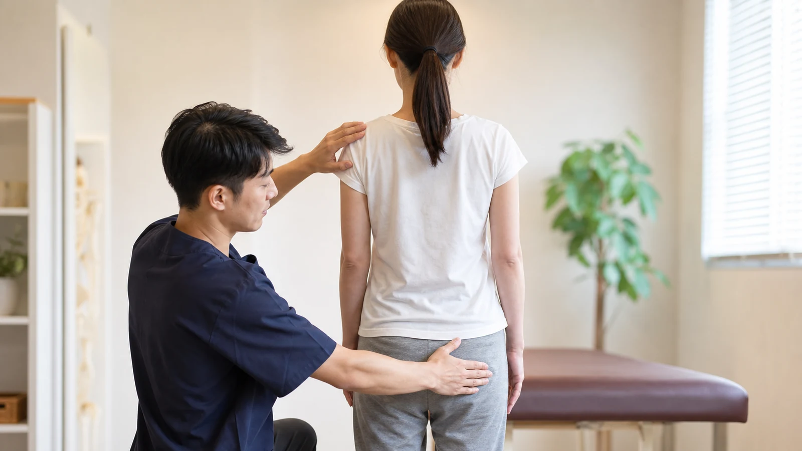 専門家が肩と骨盤の左右差を確認する様子