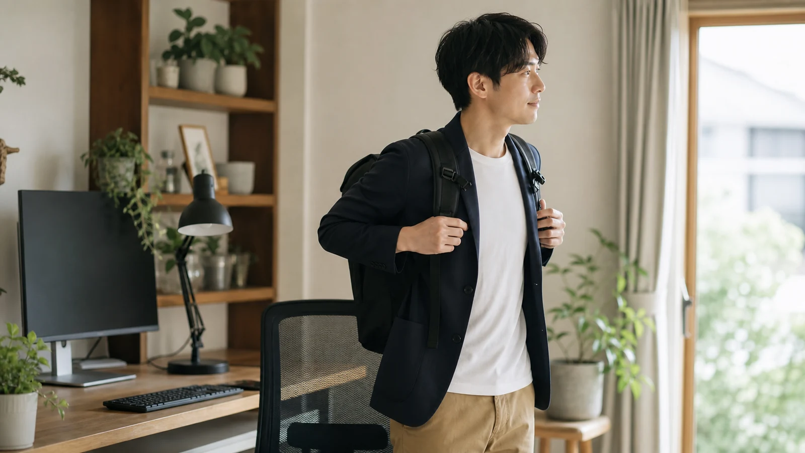 両肩でリュックを背負い負担を分散する成人