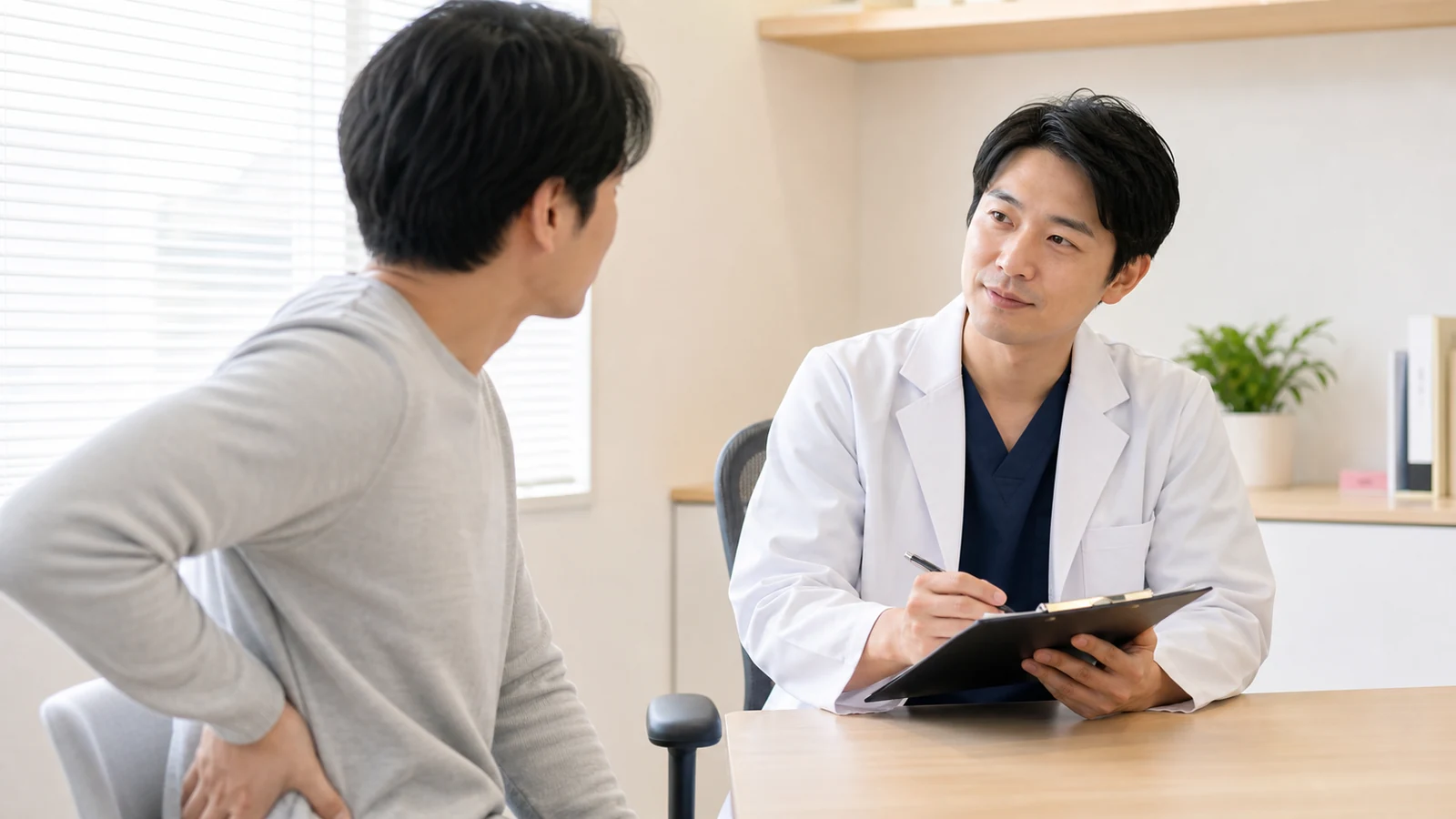 左背中の痛みについて医師へ質問する様子
