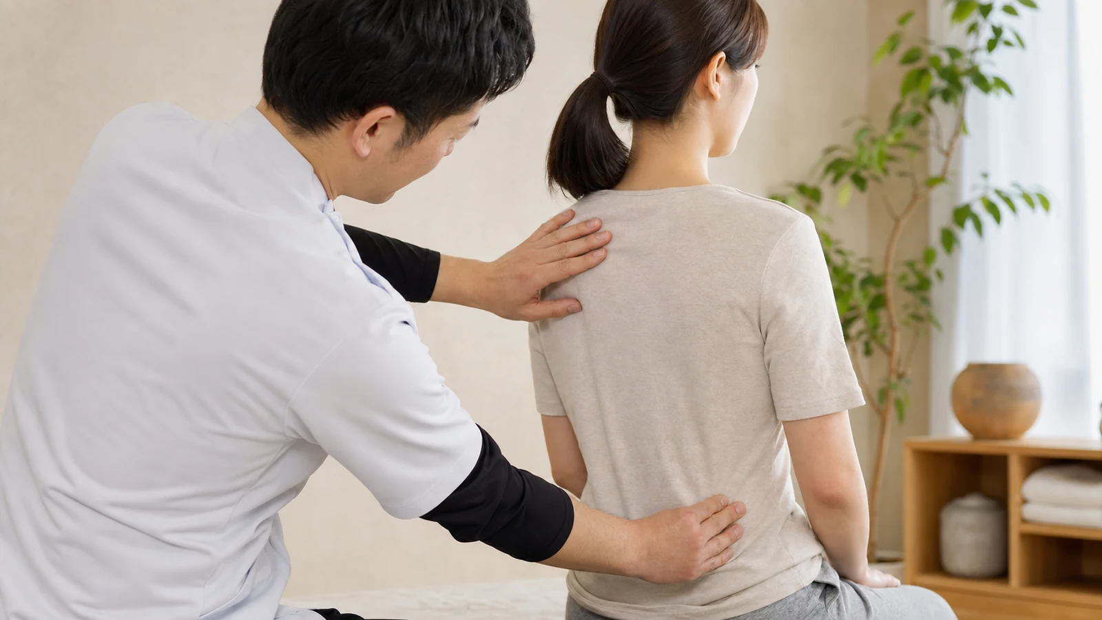左肩甲骨から腰まで痛む位置を確認する様子