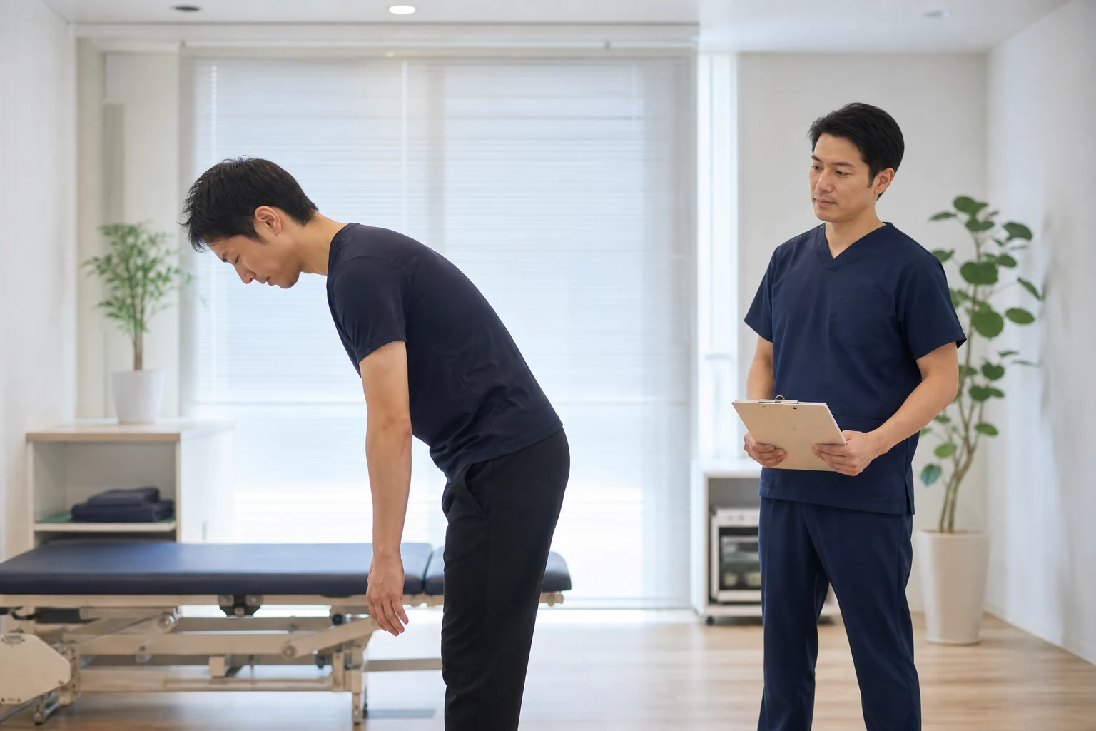 整形外科で背中の動きを確認する様子