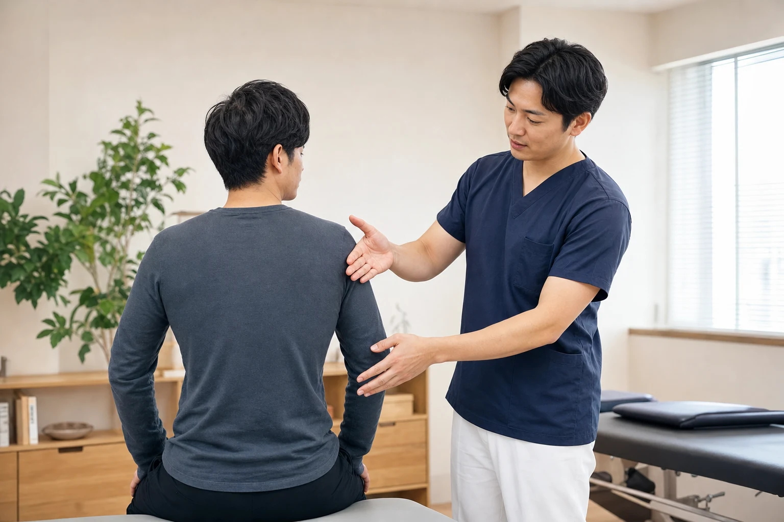 背中の右・左・真ん中の痛む場所を専門家へ相談する様子