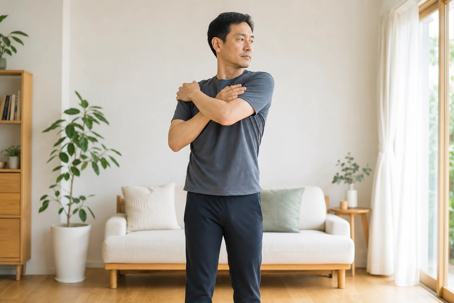 体をゆっくりひねって背中の痛みの変化を確認する人