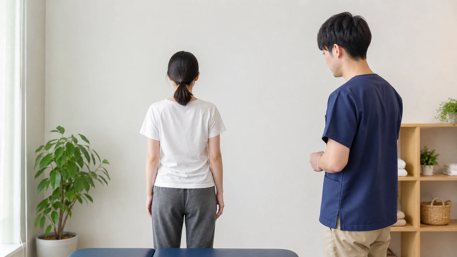 専門家が肩と骨盤の左右差を確認する様子