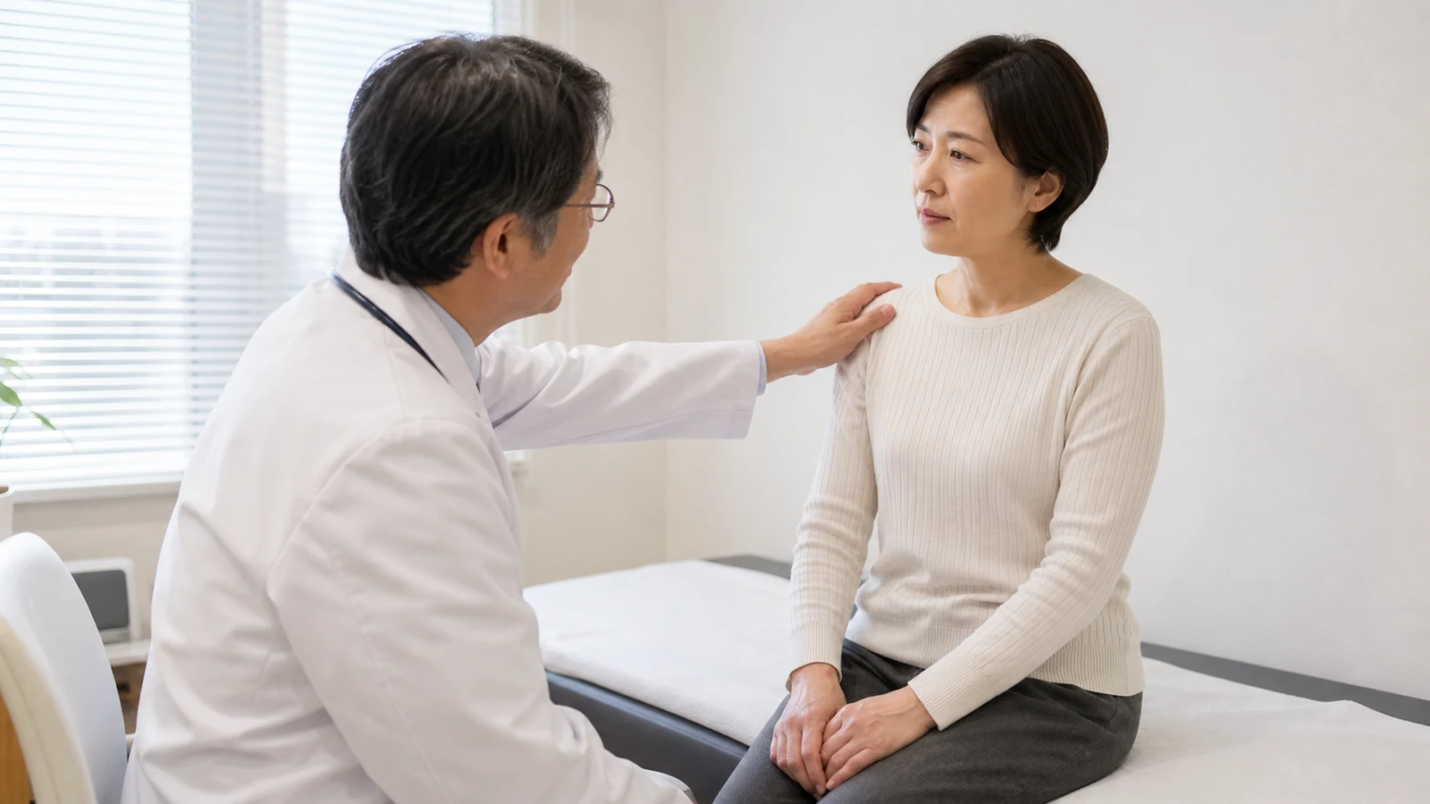 背中の右側の痛みを医師へ相談する様子