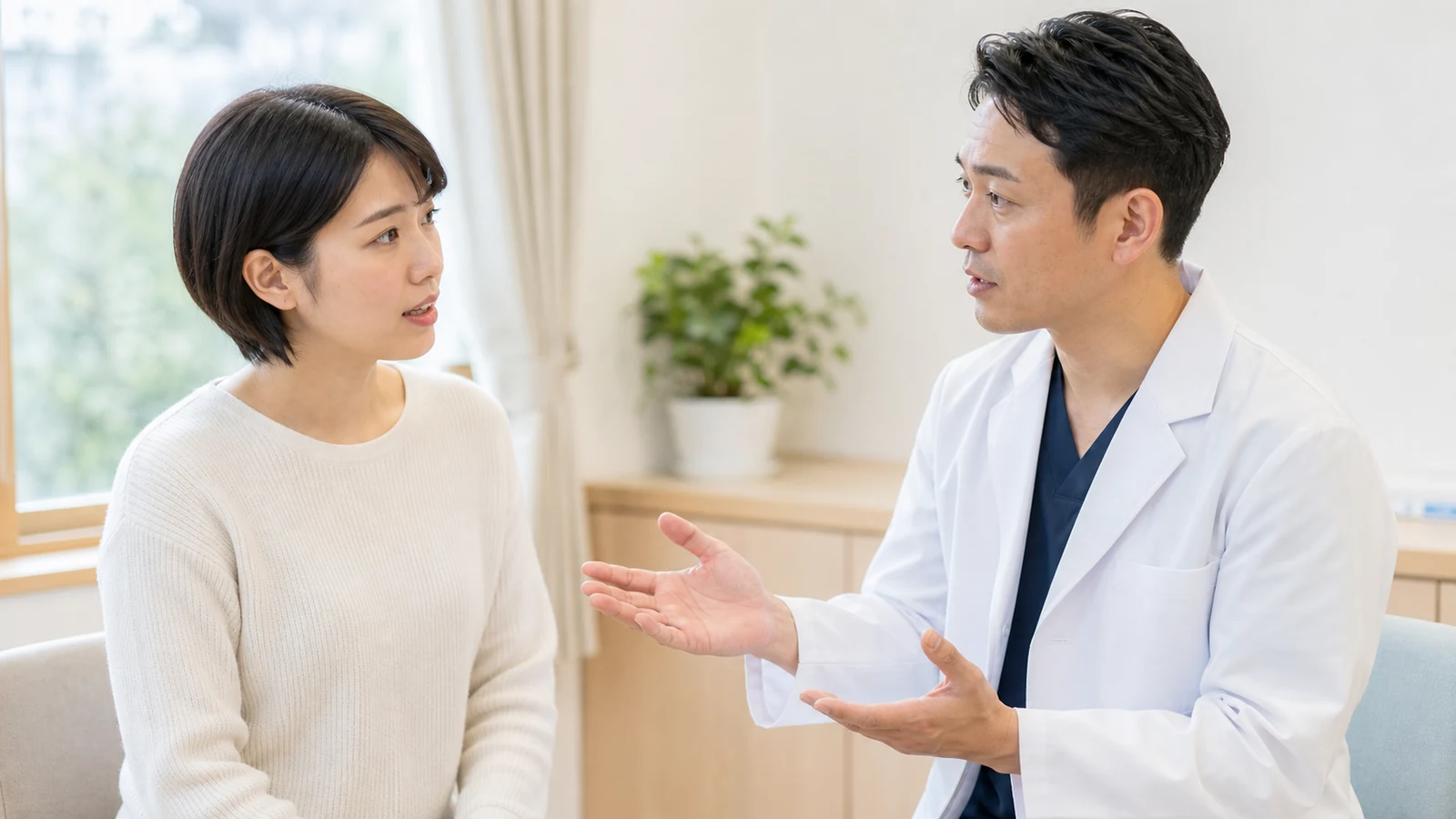 背中の右側の痛みについて医師へ質問する様子