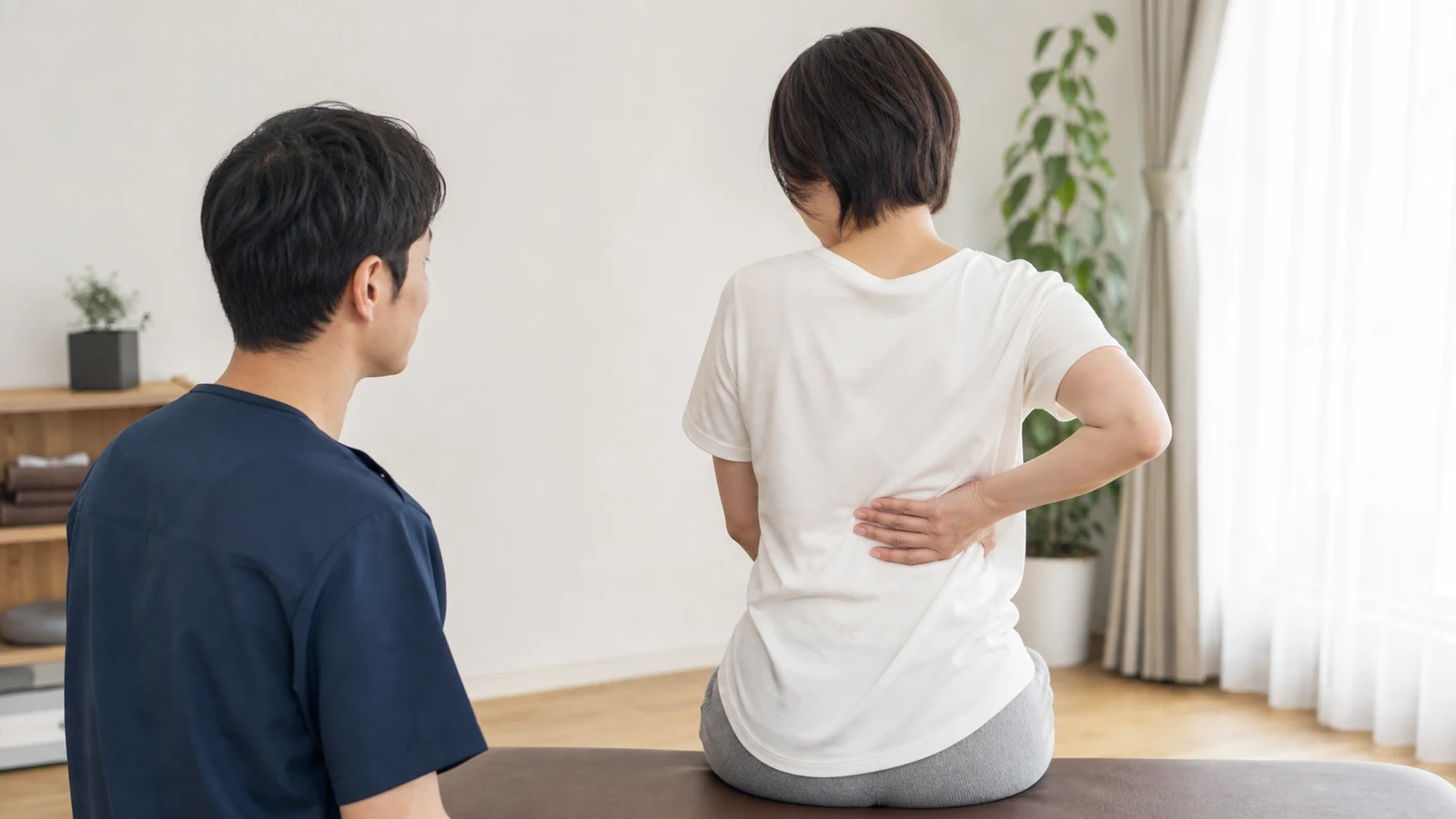専門家が背中の右側の痛みと姿勢を確認する様子