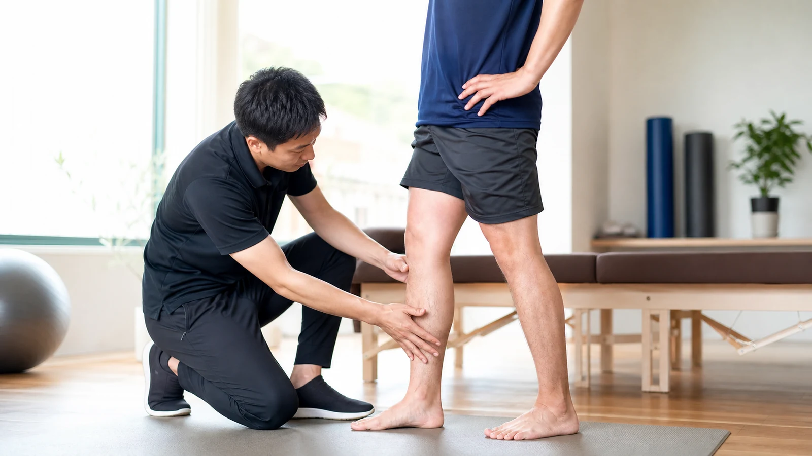 専門家がランナーのすねと姿勢を確認する様子