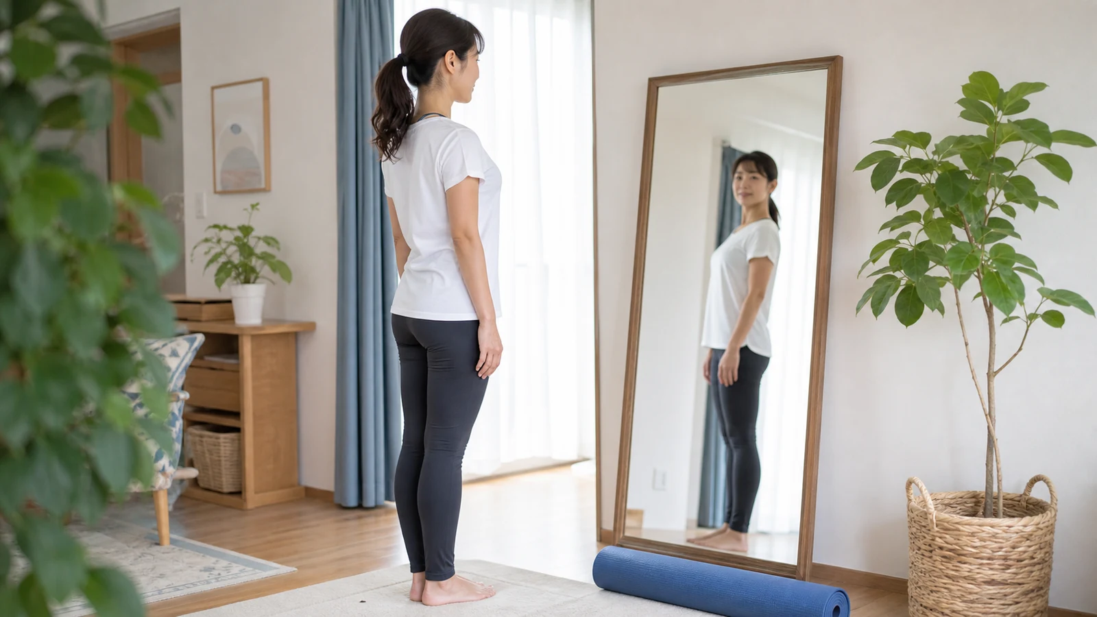 鏡の前で姿勢の崩れを確認する女性