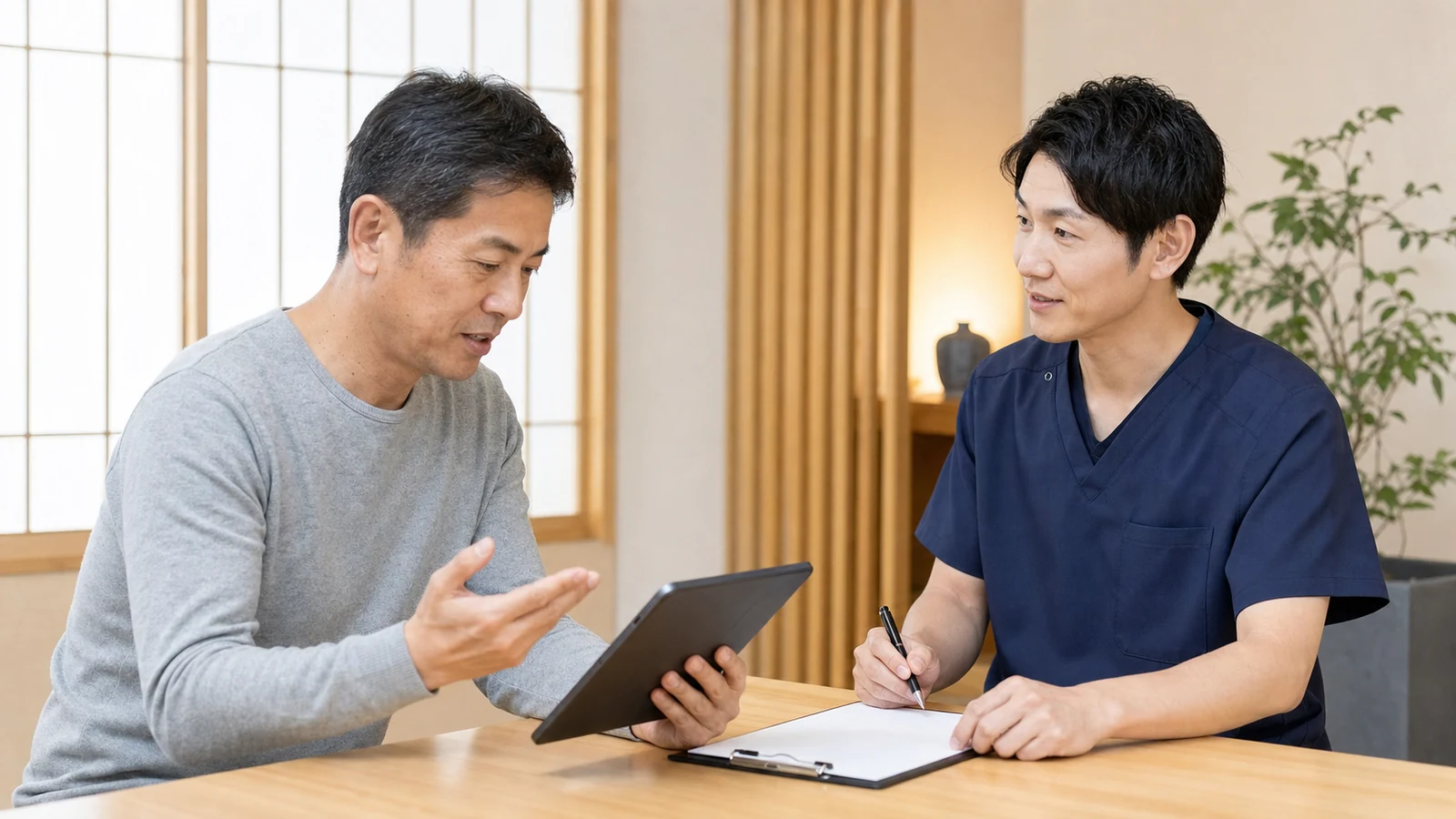 施術計画と説明内容を事前に確認する様子