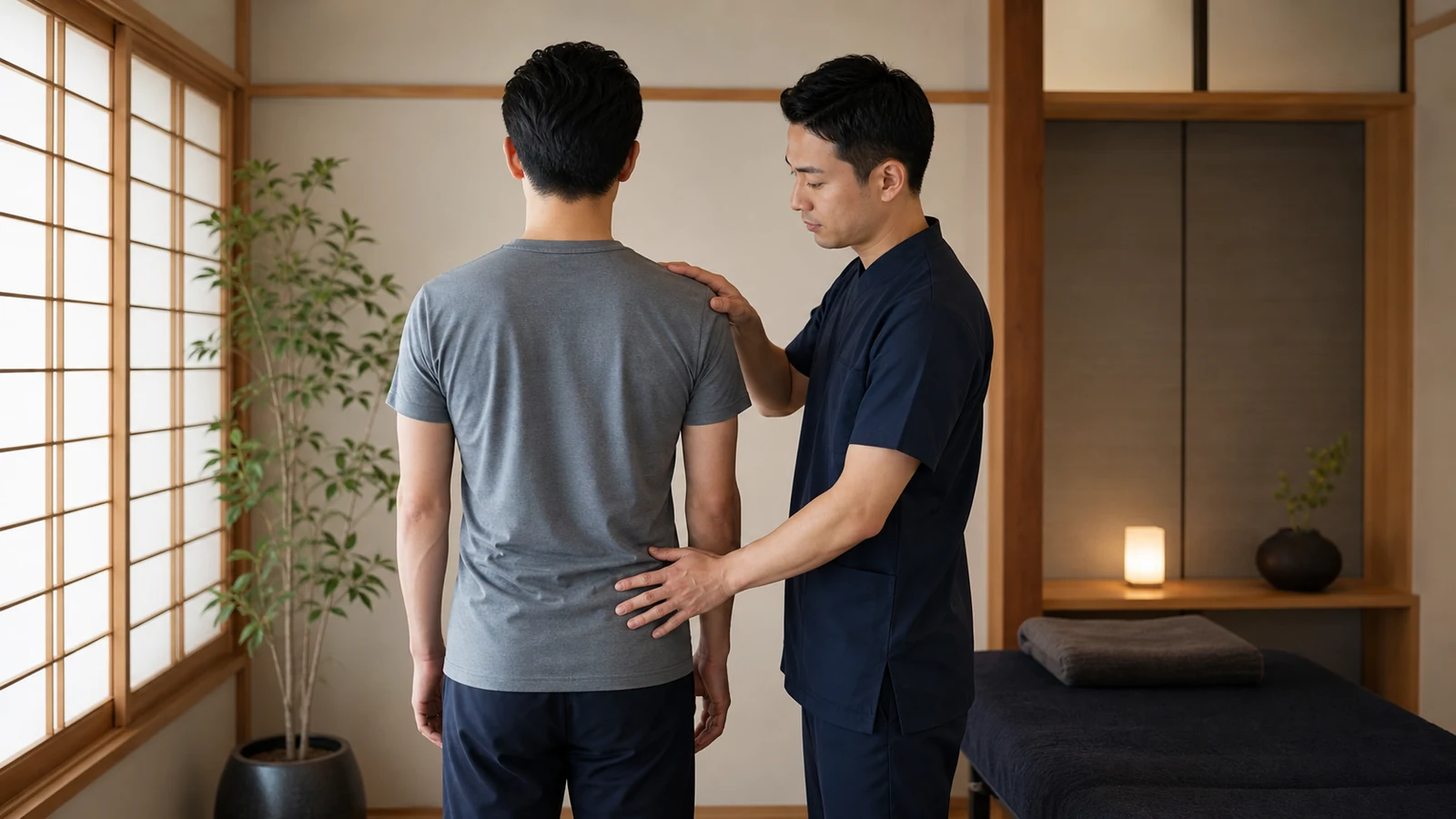 専門家が肩と骨盤の位置を確認する姿勢分析