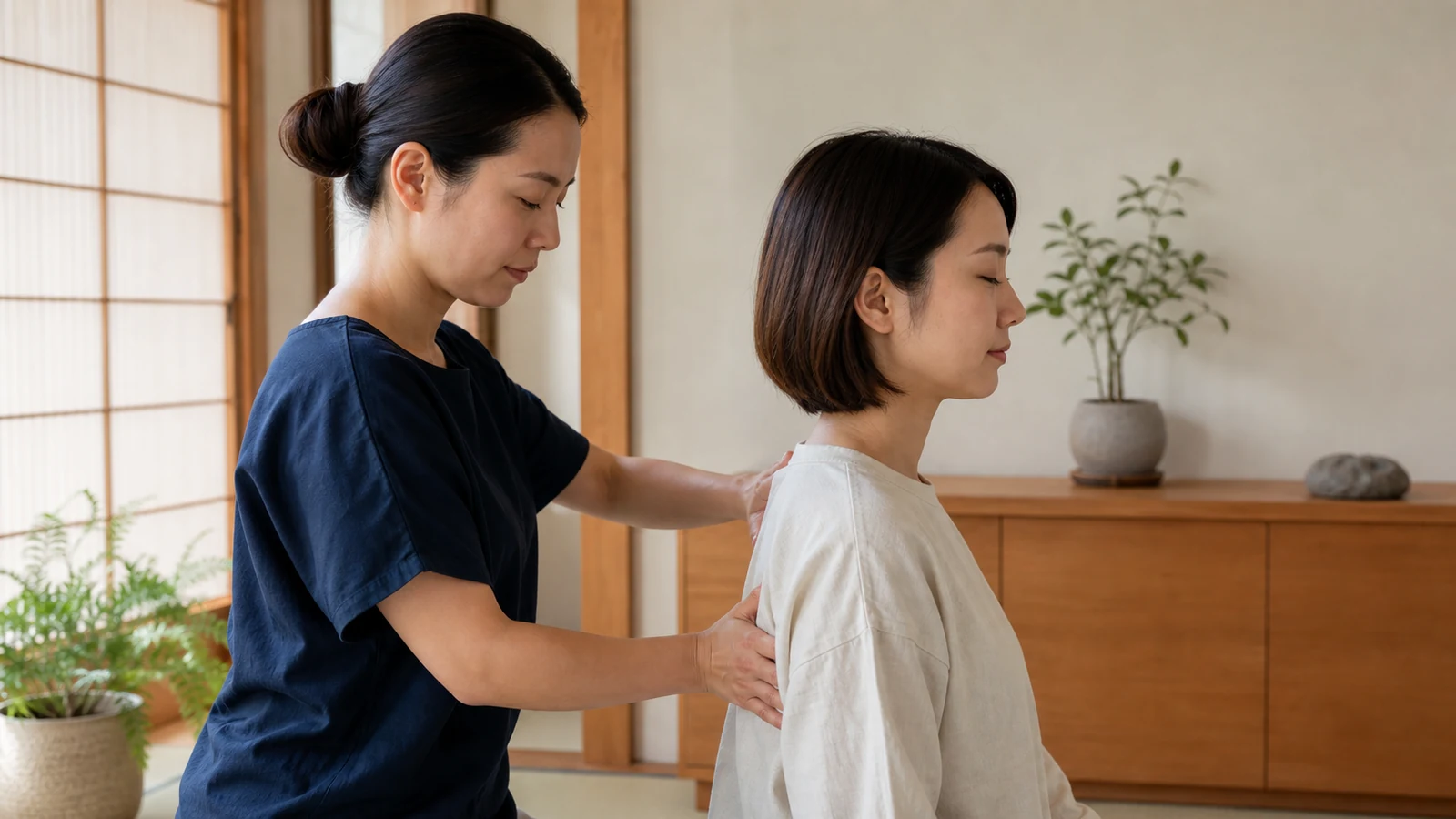 首へ強い操作をせず穏やかに施術する様子
