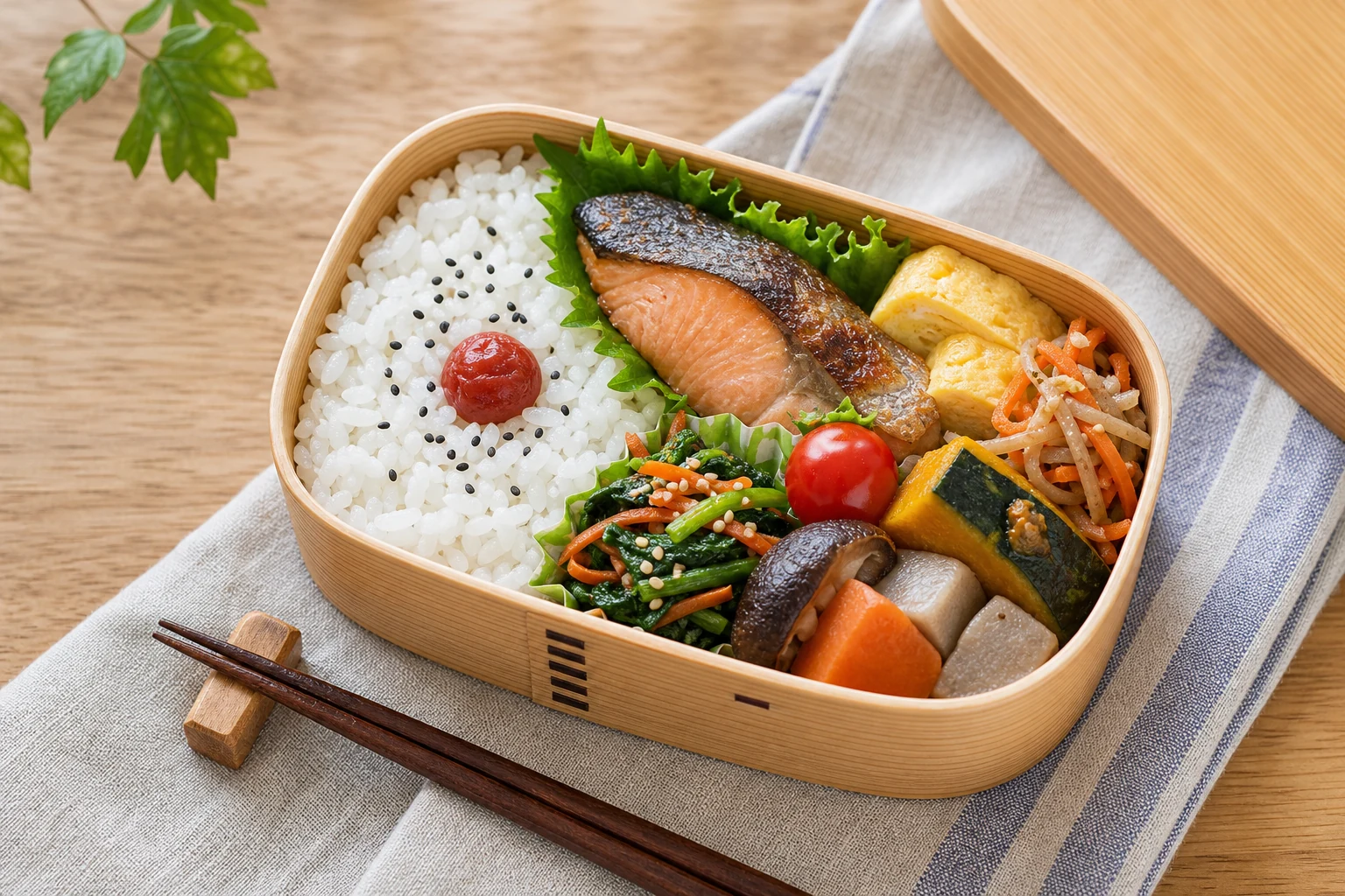 主食・主菜・副菜を取り入れた弁当の図版