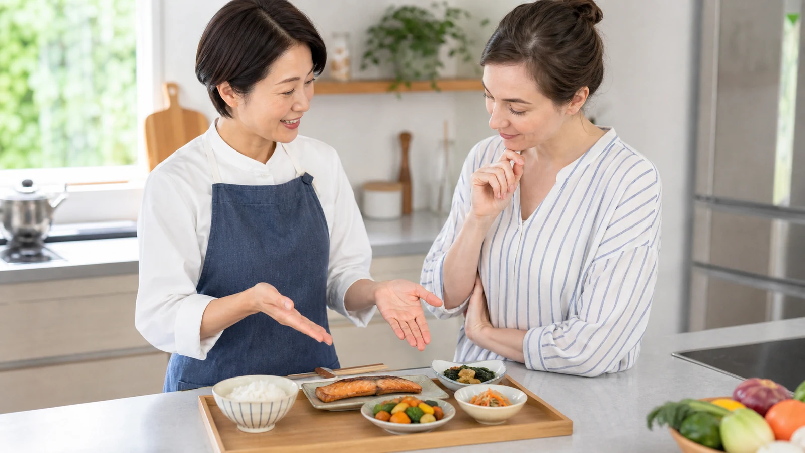 和食の構成を英語で説明する料理講師と受講者