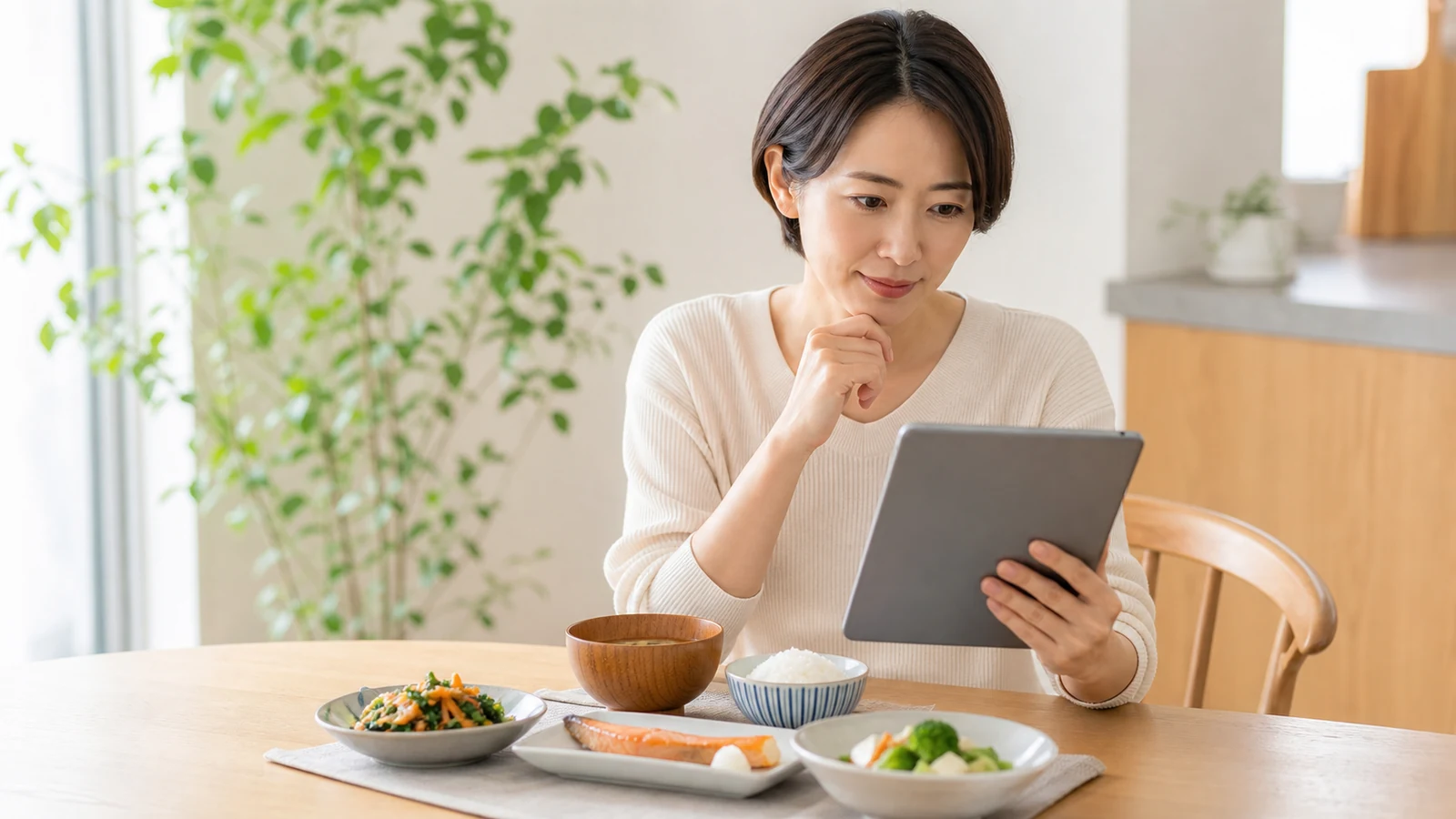 タブレットで献立を確認する女性