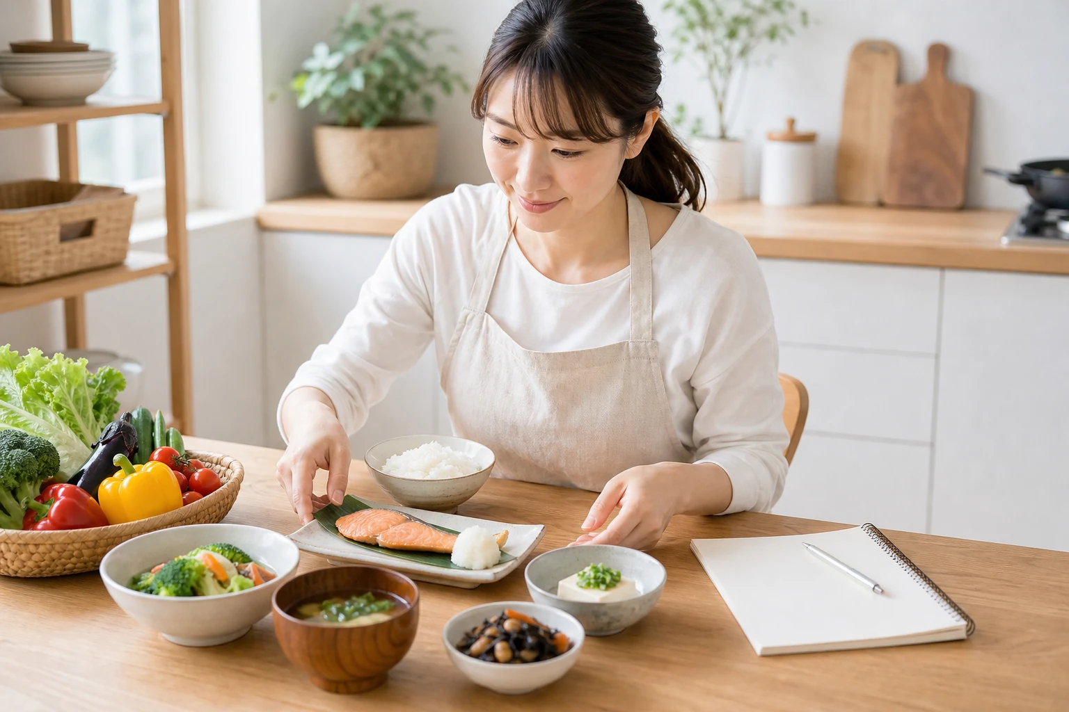 主食・主菜・副菜をそろえる献立作りの図版