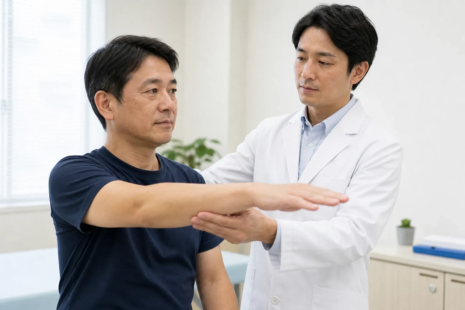 肩の状態を医療機関で確認している様子