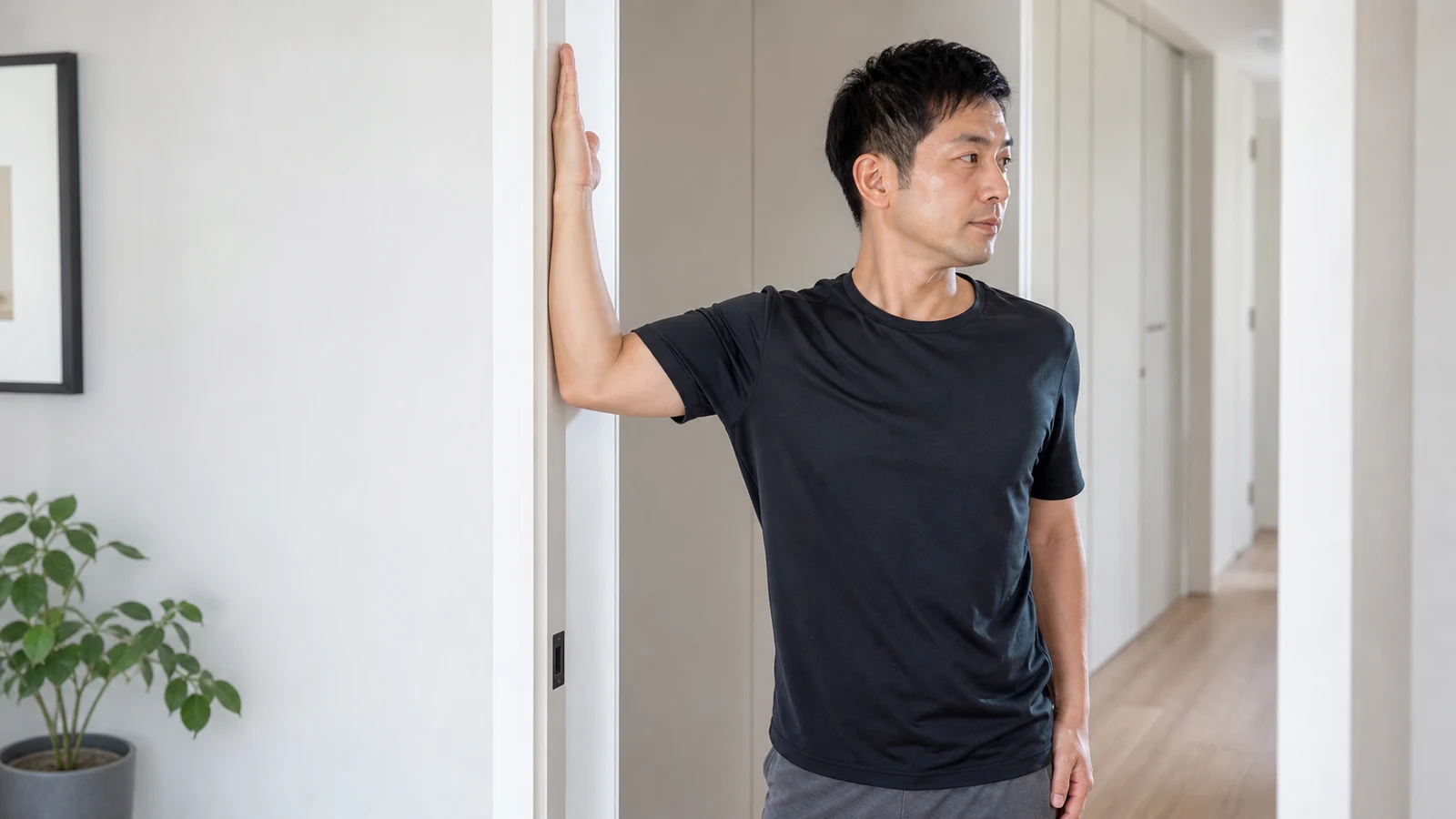 ドア枠を使って立位で大胸筋を伸ばす男性