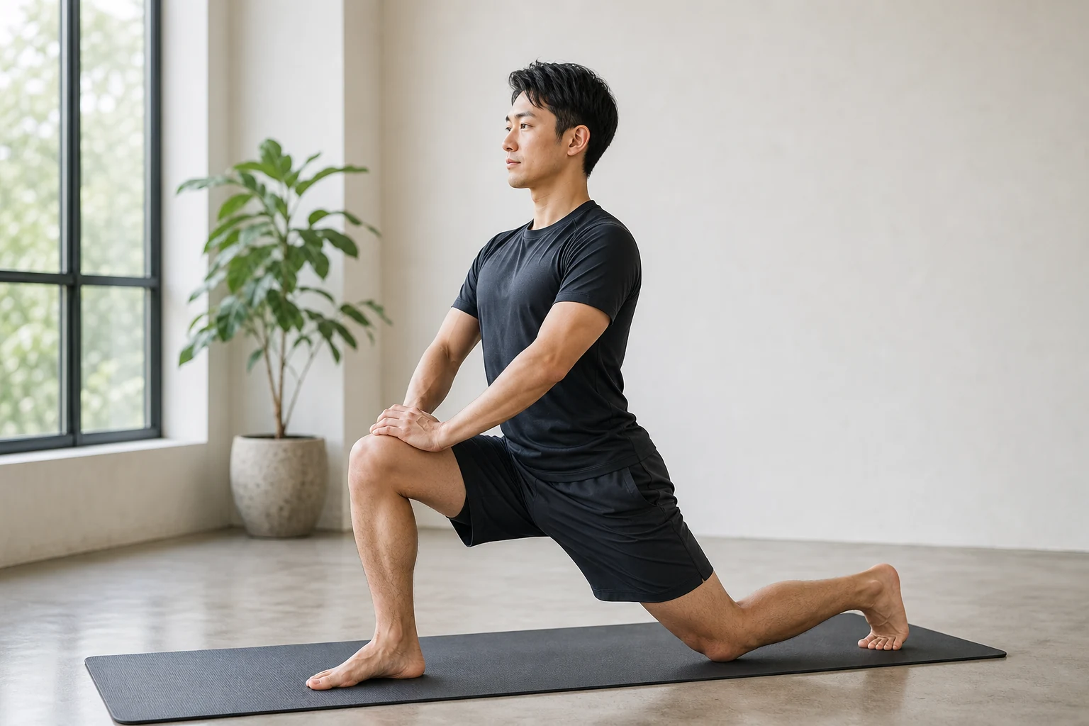 正しい姿勢で基本のランジストレッチを行う男性