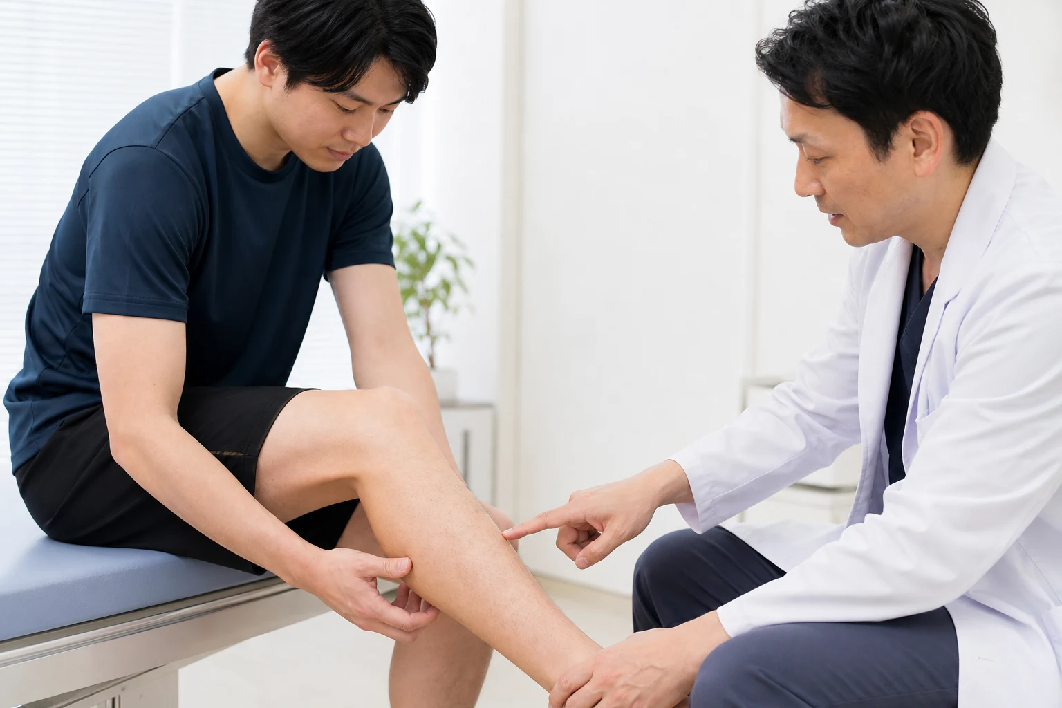 シンスプリントと疲労骨折を見分けるためすねを確認する様子