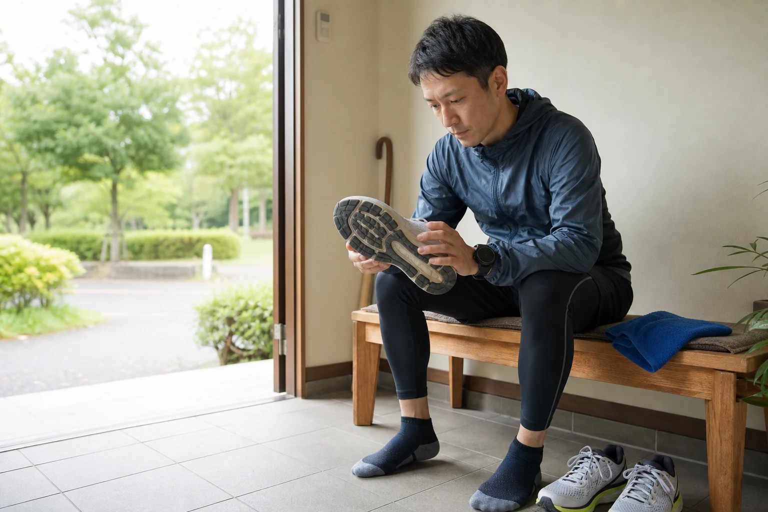 すねの負担を減らすためランニングシューズを確認する人