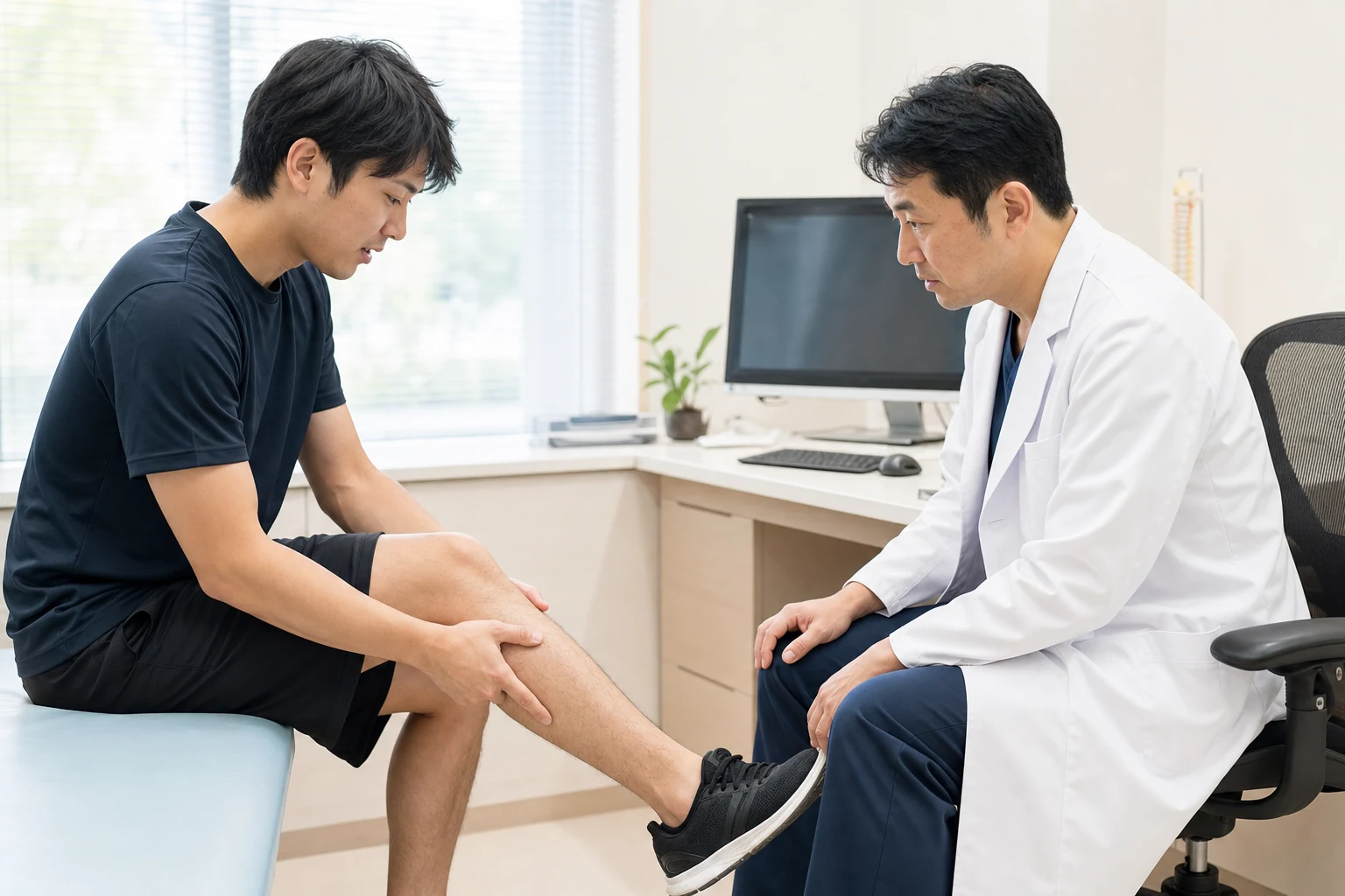 長引くすねの痛みを整形外科で相談する様子