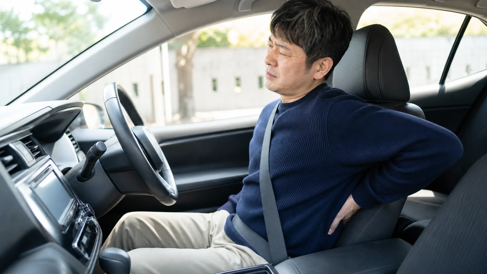 車の運転席で腰の痛みを感じる男性