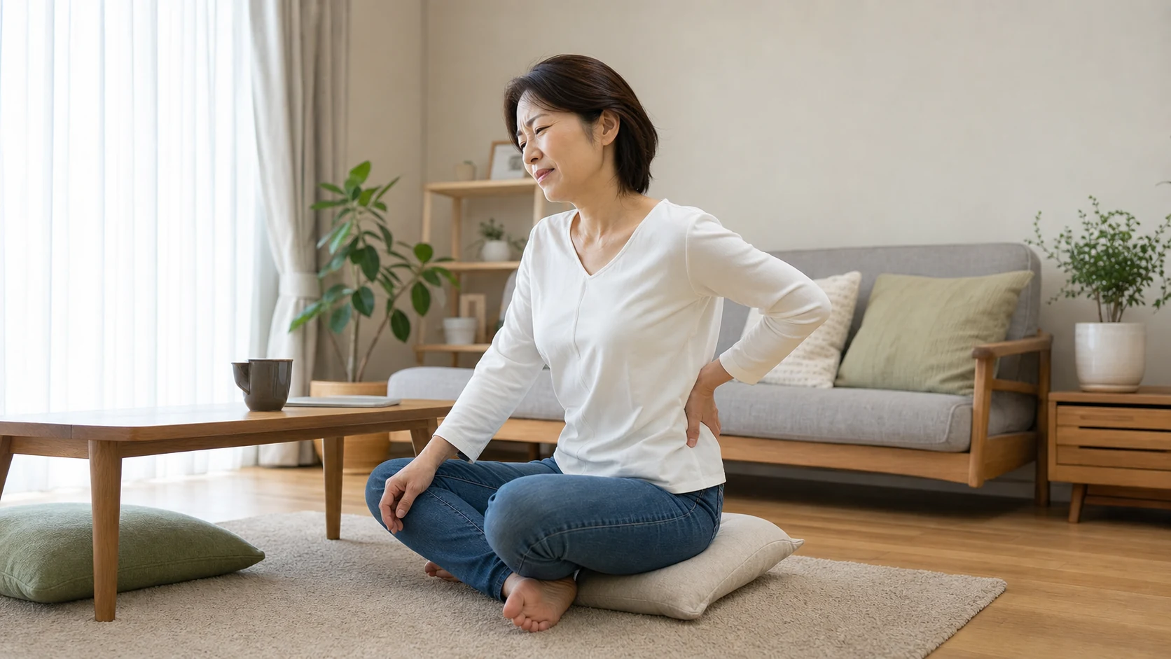 床にあぐらで座り腰に負担を感じる女性